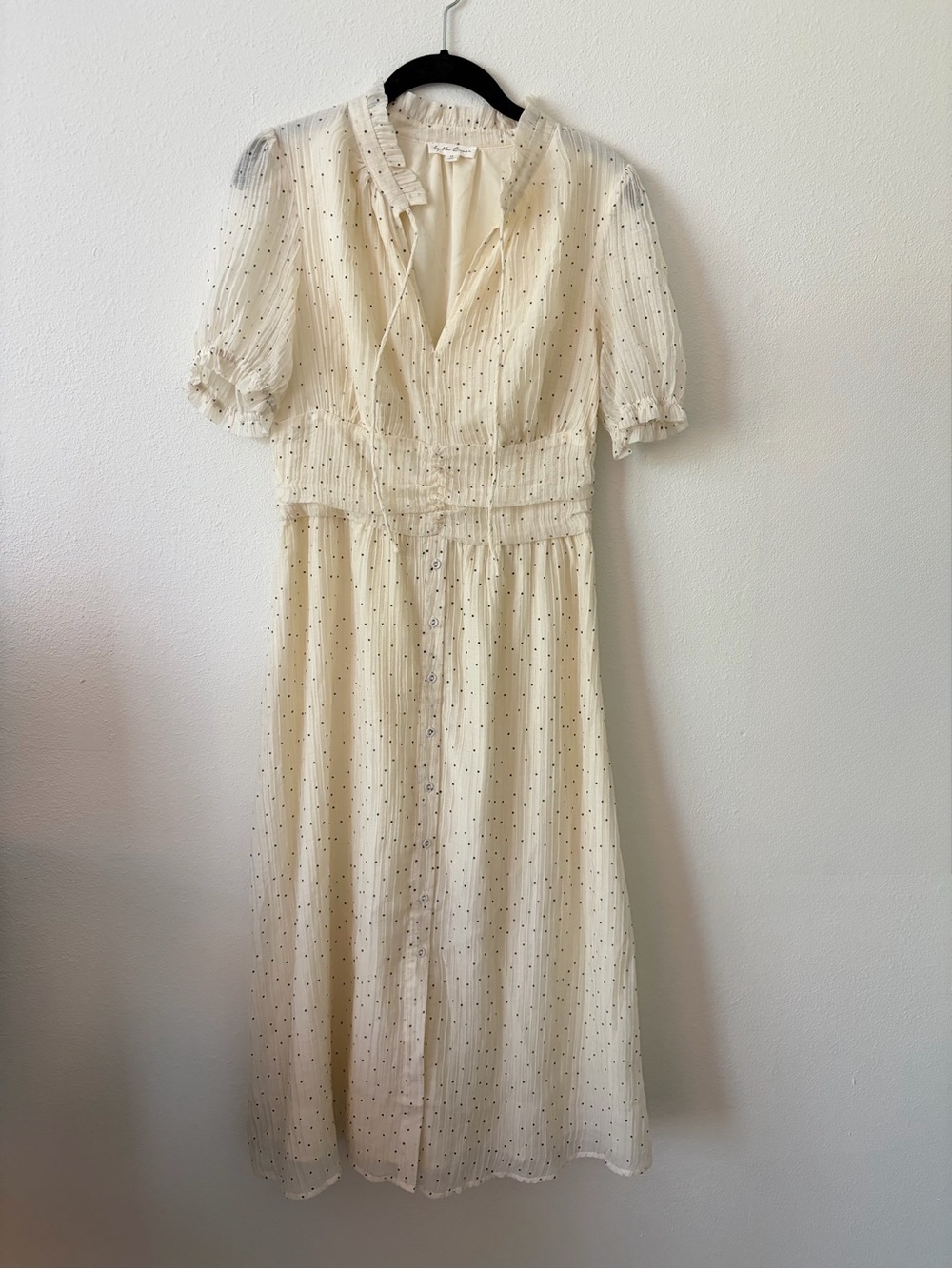 Cream Polka Dot Puff Sleeve Smocked Midi Dress Medium Boho Prairie Cottagecore - Picture 2 of 9